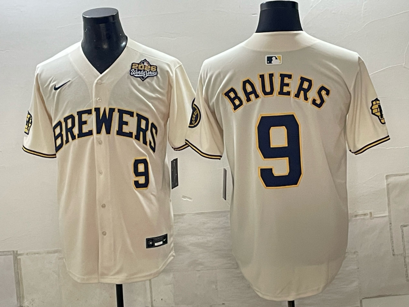 Men Milwaukee Brewers #9 Bauers cream Nike 2026 World Series MLB jersey 102305->milwaukee brewers->MLB Jersey
